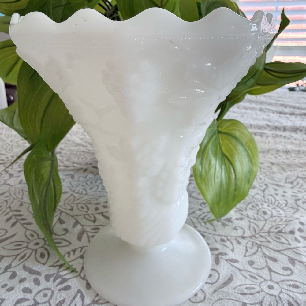 Vintage Milk Glass Hobnail Pedestal Vase | Scalloped Edge Floral Decor